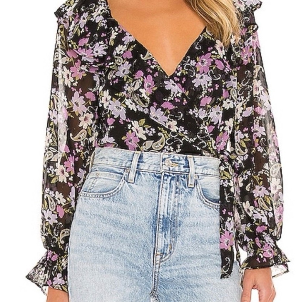 Astr Floral Wrap Persephone bodysuit Black and Purple Sz M EUC